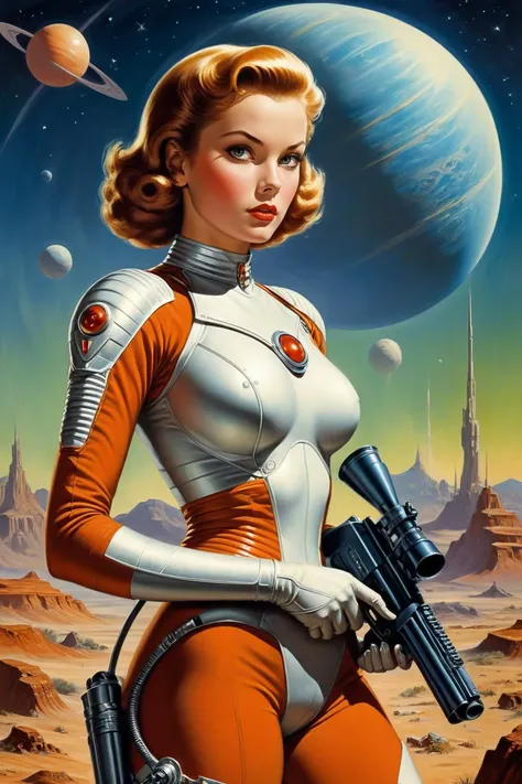 by Jim Burns, .1950's pulp sci-fi female space cadet, holding a ray gun rifle at ready, giant gas planet background,.(professional poster art, bold lines:1.4),.(pulp sci-fi,  beautiful, intricate details, masterpiece, best quality:1.4),.cinematic full body shot, dynamic pose,.pulp sci-fi poster art color palette,.dramatic and dynamic lighting,.<lora:add-detail-xl:1.0> <lora:xl_more_art-full_v1:0.5> <lora:looking_at_viewer:2> <lora:Scaleborn_SDXL:0.5><lora:CosmicLandscapes:1.0>.