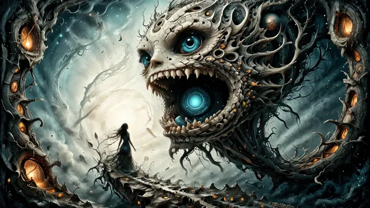 A surreal creature in space, made of thick bone lattice and ancient earth, (looking at you:1.25) with large multifaceted glowing eyes, has an open mouth of sharp teeth, inside its mouth swirls a nebulous wormhole portal, a staircase leads up to its mouth, a woman walks up the staircase toward its mouth,(art and illustration,, complex patterns:1.4),(aerial, fantastic, surrealistic, imaginative, beautiful, intricate details, masterpiece, best quality:1.4),wide angle closeup, full frame body shot, cinematic stilldramatic and dynamic lighting,, <xl_more_art-full_v1:0.72> <add-detail-xl:0.72> <looking_at_viewer:2> <Scaleborn_SDXL:0.92> <Desolation:0.64> <linquivera:0.64>