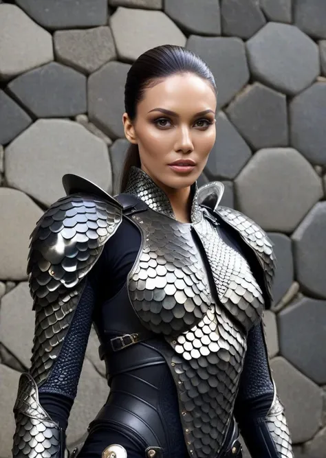miss universe, warrior armor made by scaleborn covered in scales, hexagonal scales <lora:Scaleborn_SDXL:0.6>, photo, stone wall in background