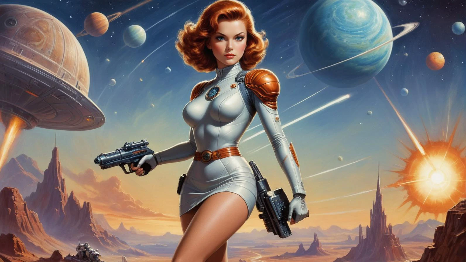 by David A. Hardy and Edward Blair Wilkins,.1950's pulp sci-fi female space cadet 1girl, defender of the galaxy, auburn hair, (short skirt:1.2), boots, holding a ray gun rifle giant gas planet background, bug-eyed monsters,.(professional poster art, bold lines:1.4),.(pulp sci-fi, beautiful, intricate details, masterpiece, best quality:1.4),.cinematic full body shot, dynamic pose,.pulp sci-fi poster art color palette,.dramatic and dynamic lighting,.<lora:add-detail-xl:1.0> <lora:xl_more_art-full_v1:0.5> <lora:looking_at_viewer:2> <lora:Scaleborn_SDXL:0.8><lora:CosmicLandscapes:1.0><lora:CosmicLandscapes:1.0>.