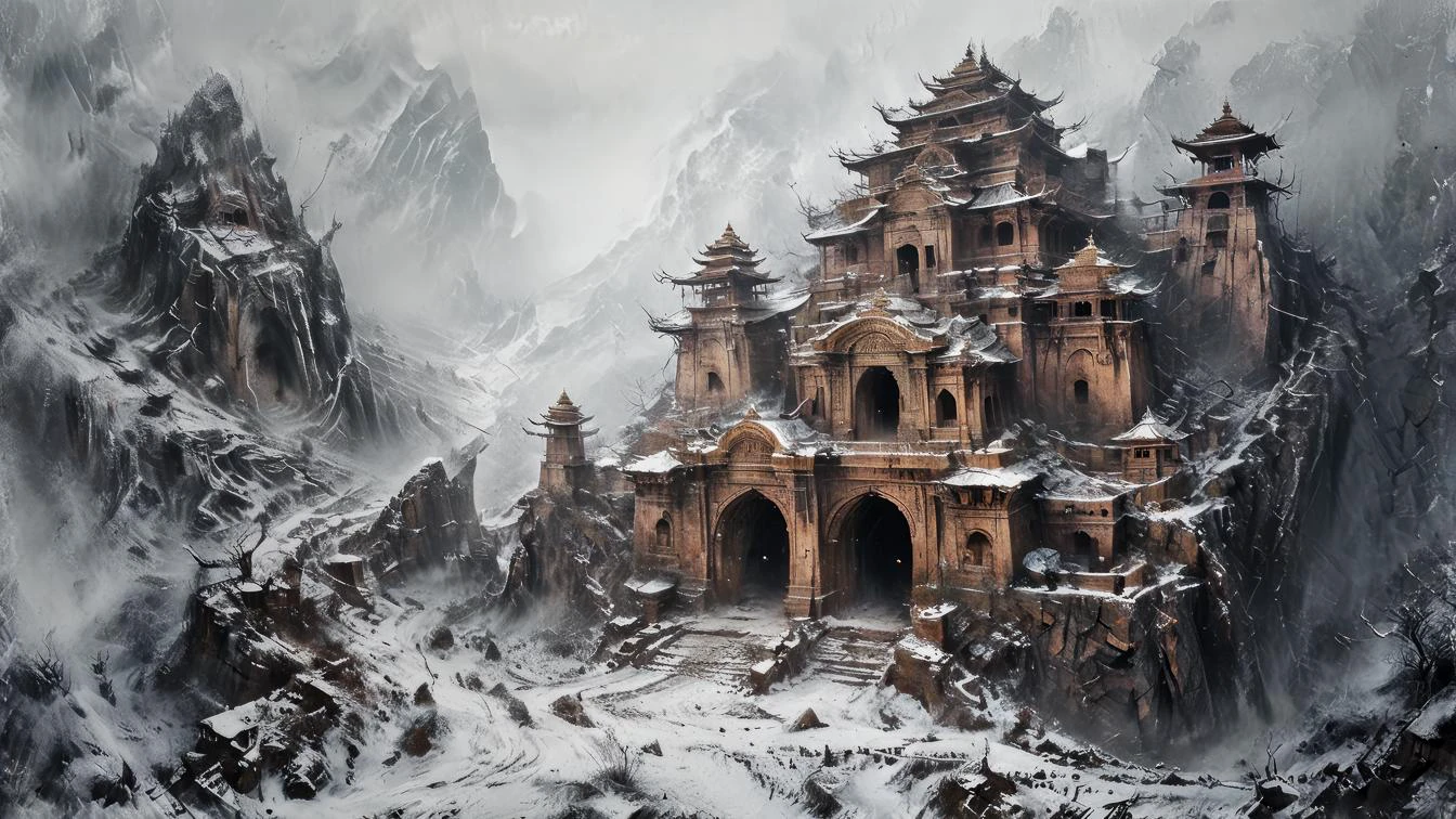 entrance to a lost hidden city, secluded himalayan monastery, built into side of mountain cliff, temples, columns, buildings, complex, ruins, abandoned, blizzard, high winds, thick snow, poor visibility, bad weather(art and illustration,, complex patterns:1.4),(aerial, fantastic, imaginative, beautiful, intricate details, masterpiece, best quality:1.4),wide angle view, full frame body shot, cinematic stilldramatic and dynamic lighting,, <xl_more_art-full_v1:0.72> <add-detail-xl:0.72> <Scaleborn_SDXL:0.84> <Desolation:0.84> <linquivera:0.64>