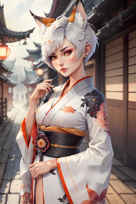 <lora:watercolorfantasy:1.0> watercolor style, kiitsune woman, short pixie haircut, fox ears, (orange|black|white) patterened kimono, masterpiece, 8k, high resolution, shallow depth of field, sharp focus