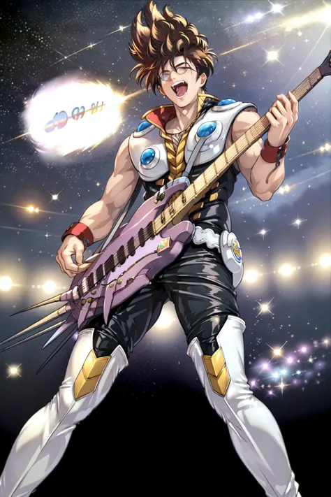 (best quality), (masterpiece), (photo-realistic), ultra-detailed,
1boy,
standing,playing the guitar,live stage,concert,universe,
<lora:granblueFantasyStyle_ver10:0.6>
<lora:nekki_basaraV1:0.8> basara, 1boy, round glasses,screaming,shouting,
(speech bubble),(spoken AHH:1.3),
professional lighting, photon mapping, physically-based rendering