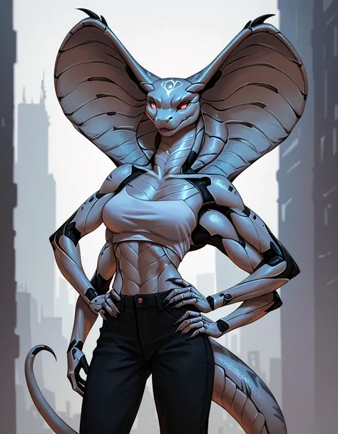 anthro, cyborg girl,cobra, cobra hood, snake tail,glowing blue,eyes, (Four Arms:1.3), city,(white angel wings:1.2),two arms on hip,