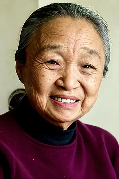 best quality, masterpiece,  Asian women,mole, solo, lips, grey_background,realistic, upper_body, looking_at_viewer, black_hair, brown_eyes, sweater, forehead, nose, turtleneck, old woman, 70 yeas old, <lora:baiqing:0.8>
