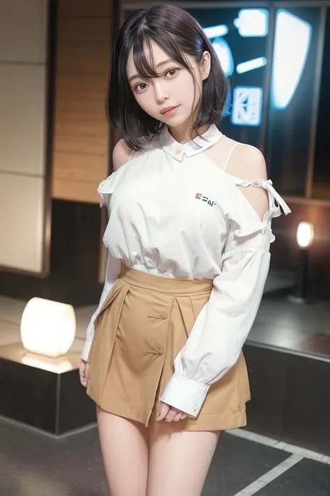 (skin blemish:1.2), (skindentation), black eye, 1woman, 25yo, (((woman))), solo, realistic, best quality, photorealistic, masterpiece, 8k, high res, solo, extremely detailed face, (professional lighting, bokeh), (light particles, lens flare, glowing particles:0.6), (dynamic pose:1.2), soft lighting, top angle view, fashionable and trendy atmosphere, japan, street, tokyo, city, ((daytime)), sky, ((looking at the viewer:1)), (looking at the camera),(portrait:0.6), cowboy shot, gorgeous, standing, keep original facial proportion, wide shoulder, full body, (large breast), (medium hair), brown hair, floating hair, lips, lipstick, seductive smile, floating hair, smile, open_mouth, teeth, (sleeves less white blouse), (jumper skirt), one piece dress, eyelashes, mole, (mole under eye:1), <lora:AmakuniR:0.8>