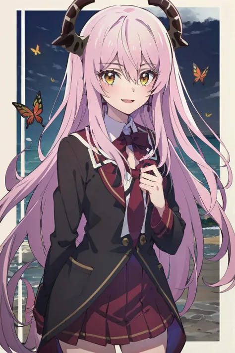 1girl, solo, masterpiece, absurdres, smile, red illuminating butterflies, echidna_(yuusha_yamemasu), echidnaiqh, <lora:echidnaiqh:0.8>, school uniform,