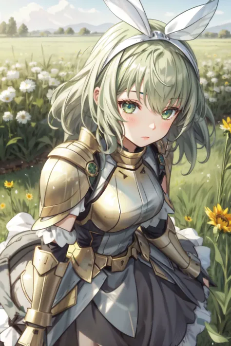 1girl, armor, armored dress, bangs, daisy, dandelion, eyebrows visible through hair, field, flower, flower field, garden, grass, green eyes, green hair, hairband, holding flower, lily \(flower\), looking at viewer, outdoors, plant, short hair, solo, sunflower, white flower, yellow flower