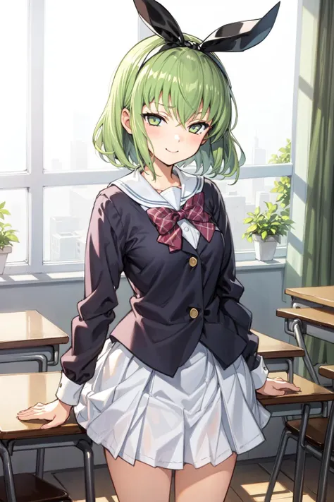 1girl, masterpiece, best quality, illustration, tilde sharp, classroom, standing, school uniform, hair ribbon, smug, <lora:Tilde:0.6>