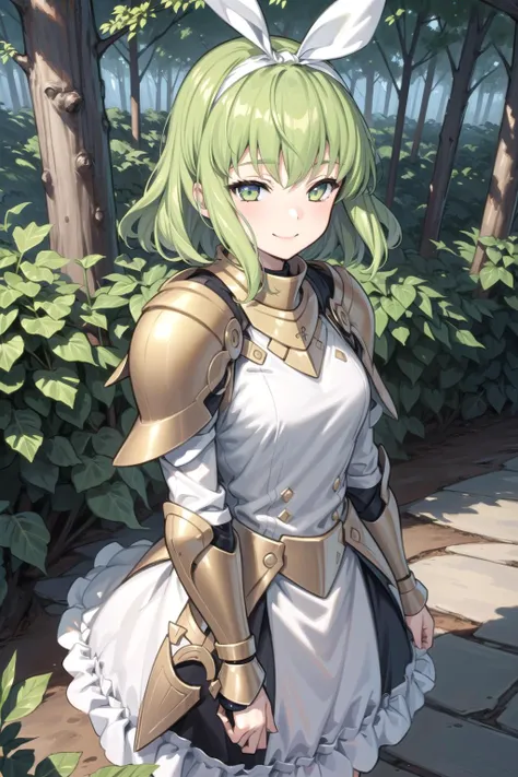 1girl, masterpiece, best quality, illustration, solo, tilde sharp, outdoors, forest, standing, gold armor, hair ribbon, smile, closed mouth, <lora:Tilde:0.6>