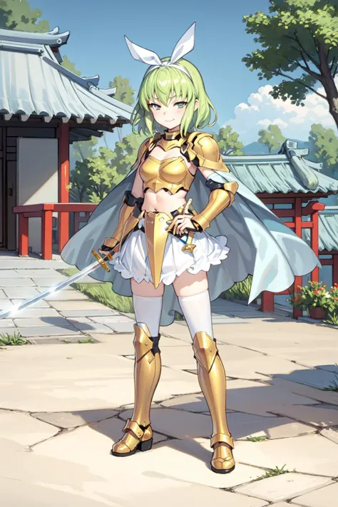 1girl, masterpiece, best quality, illustration, tilde sharp, outdoors, village, east asian architecture, standing, full body, gold armor, cape, sword, bikini armor, white skirt, thighhighs, thigh boots, hair ribbon, smug, <lora:Tilde:0.7>