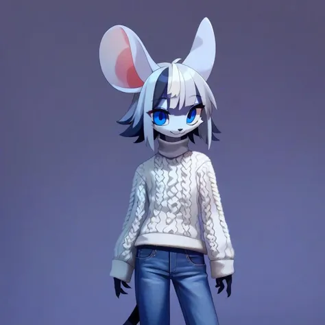 digital_media_(artwork) hi_res, score_9, score_8_up, score_7_up, score_6_up, score_5_up, score_4_up, rating_safe, beautiful, anthro, furry, female, detailed textured fur, fur tufts, fluffy, slim, slender, cute, sweater, baggy denim pants, beautiful blue eyes, detailed eyes, smile, solo, SFW, mouse, long grey hair, multicolored hair, streaked hair, absurdres, highres, goth, heavy eyeliner, heavy eye shadow, animan,