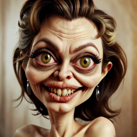 <lora:grossup:0.8> grossup, closeup, Angelina Jolie, weird face, big eyes, grotesque caricature, smiling , zombie