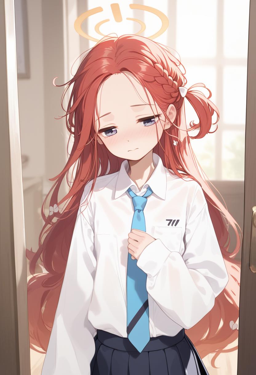 Anime girl with red hair and angel wings standing in front of a door ...
