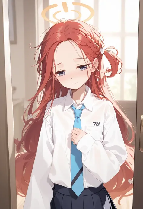 score_9, score_8_up, score_7_up, score_6_up,
<lora:Expressive_H:1.0>
1girl, <lora:yuzu_blue archive_PONY_last:1>,yuzu-default, yuzu \(blue archive\), blue eyes, red hair, long hair, braid,one side up, halo, flat chest, skinny, slender body, tiny,
(white shirt, shirt tucked in:1.3),(long sleeves), (shirt sleeves), (pleated skirt), necktie,
A girl leaving the room,
indoors, bedroom, door, open door,
(nose blush:1.1), (head tilt:1.2),
hollow eyes, half-closed eyes,
(looking away:1.2), closed mouth,
upper body, from behind,
masterpiece, best quality,