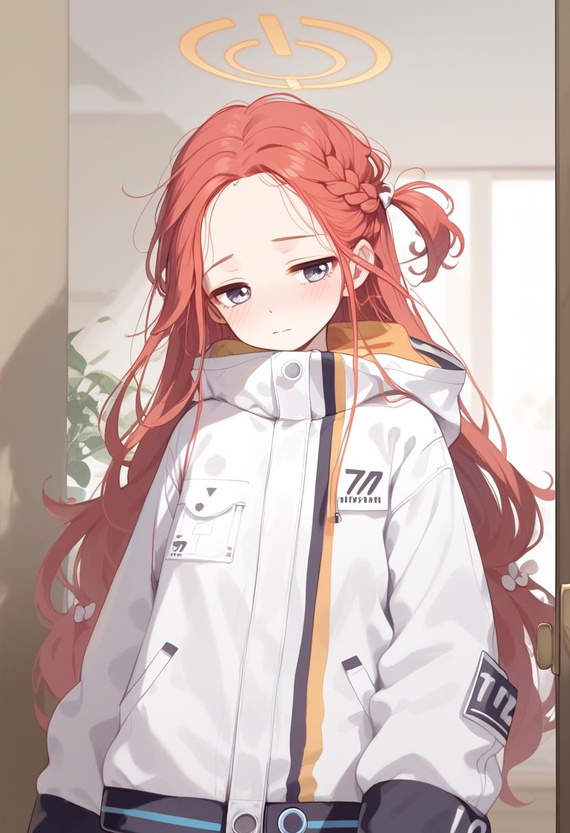 Anime girl with red hair and angel wings standing in front of a door ...