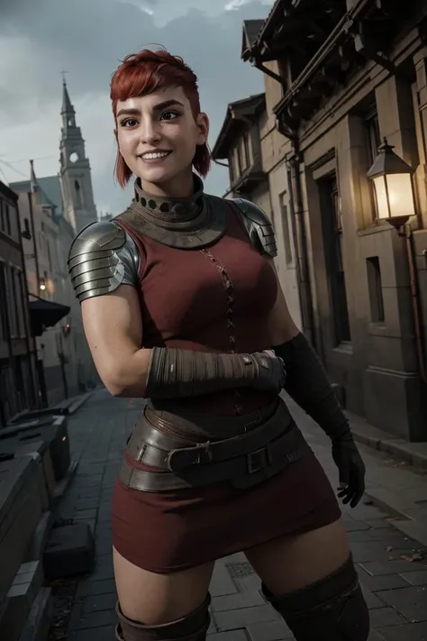 Hyperrealistic, Masterpiece, Volumetric Lighting, Subsurface Scattering, volumetric lighting, tonemapping, sharp focus, Photorealistic, anime style, volumetric lighting, best quality, intricate details, tonemapping, sharp focus, hyper detailed, absurdres, highres, extremely fine full body professional photograph of Nimona, short red hair, freckles, sidelocks,black eyes, evil grin:1.2, red wings on upper back:1.2, NimSuit, ear piercing,armor,bandages,gloves ,dress,brown footwear, extremely detailed face:0.9, extremely detailed sharp teeth:1.2, extremely detailed lips:0.9, extremely detailed eyes:0.9, extremely detailed body:0.9, solo:1.2, (black eyes:1.2), extremely detailed arms:0.9, extremely detailed hands:1.5, extremely detailed firm round ass:0.9, extremely detailed legs:0.9, extremely detailed feet:0.9, extremely detailed firm breasts:0.9, high quality photography, Canon EOS R3, highly detailed, front view:1.2, facing towards viewer:1.2, standing, outdoors:1.2, dystopian, gothic and cyberpunk city:1.2, city square, night,night time:1.4, otherworldly ethereal sky:1.5, "moon looks like a skull", <lora:Nimona-10 v3:0.8> <lora:hipoly_3dcg_v7-epoch-000012:0.2>,