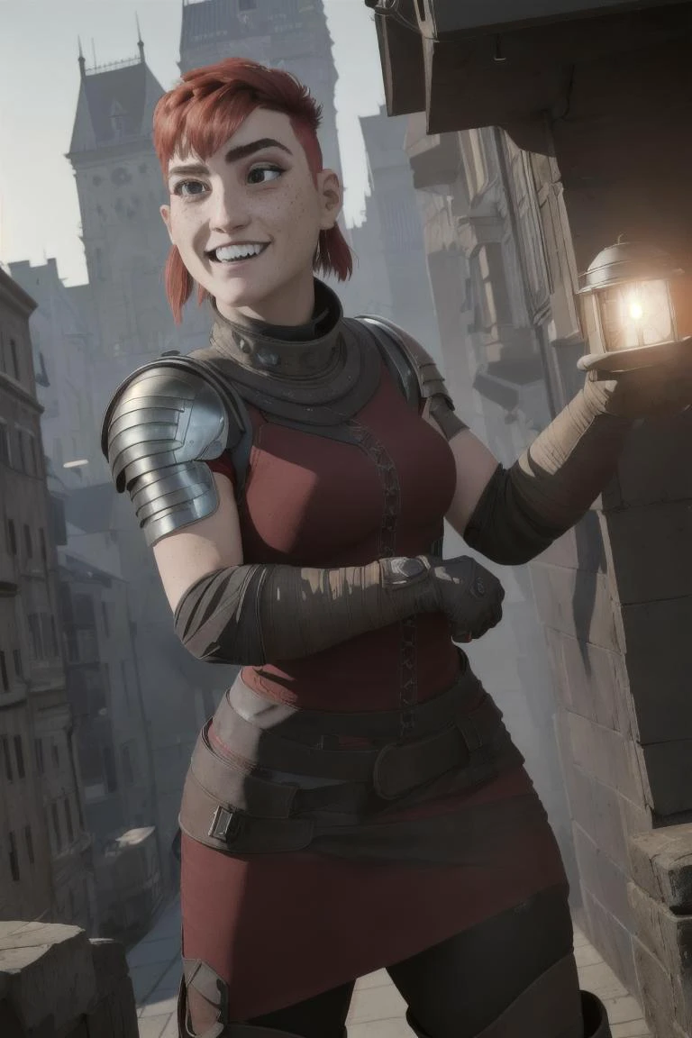 Hyperrealistic, Masterpiece, Volumetric Lighting, Subsurface Scattering, volumetric lighting, tonemapping, sharp focus, Photorealistic, anime style, volumetric lighting, best quality, intricate details, tonemapping, sharp focus, hyper detailed, absurdres, highres, extremely fine full body professional photograph of Nimona, short red hair, freckles, sidelocks,black eyes, evil grin:1.2, red wings on upper back:1.2, NimSuit, ear piercing,armor,bandages,gloves ,dress,brown footwear, extremely detailed face:0.9, extremely detailed sharp teeth:1.2, extremely detailed lips:0.9, extremely detailed eyes:0.9, extremely detailed body:0.9, solo:1.2, (black eyes:1.2), extremely detailed arms:0.9, extremely detailed hands:1.5, extremely detailed firm round ass:0.9, extremely detailed legs:0.9, extremely detailed feet:0.9, extremely detailed firm breasts:0.9, high quality photography, Canon EOS R3, highly detailed, front view:1.2, facing towards viewer:1.2, standing, outdoors:1.2, dystopian, gothic and cyberpunk city:1.2, city square, night,night time:1.4, otherworldly ethereal sky:1.5, "moon looks like a skull", <lora:Nimona-10 v3:0.8> <lora:hipoly_3dcg_v7-epoch-000012:0.2>,