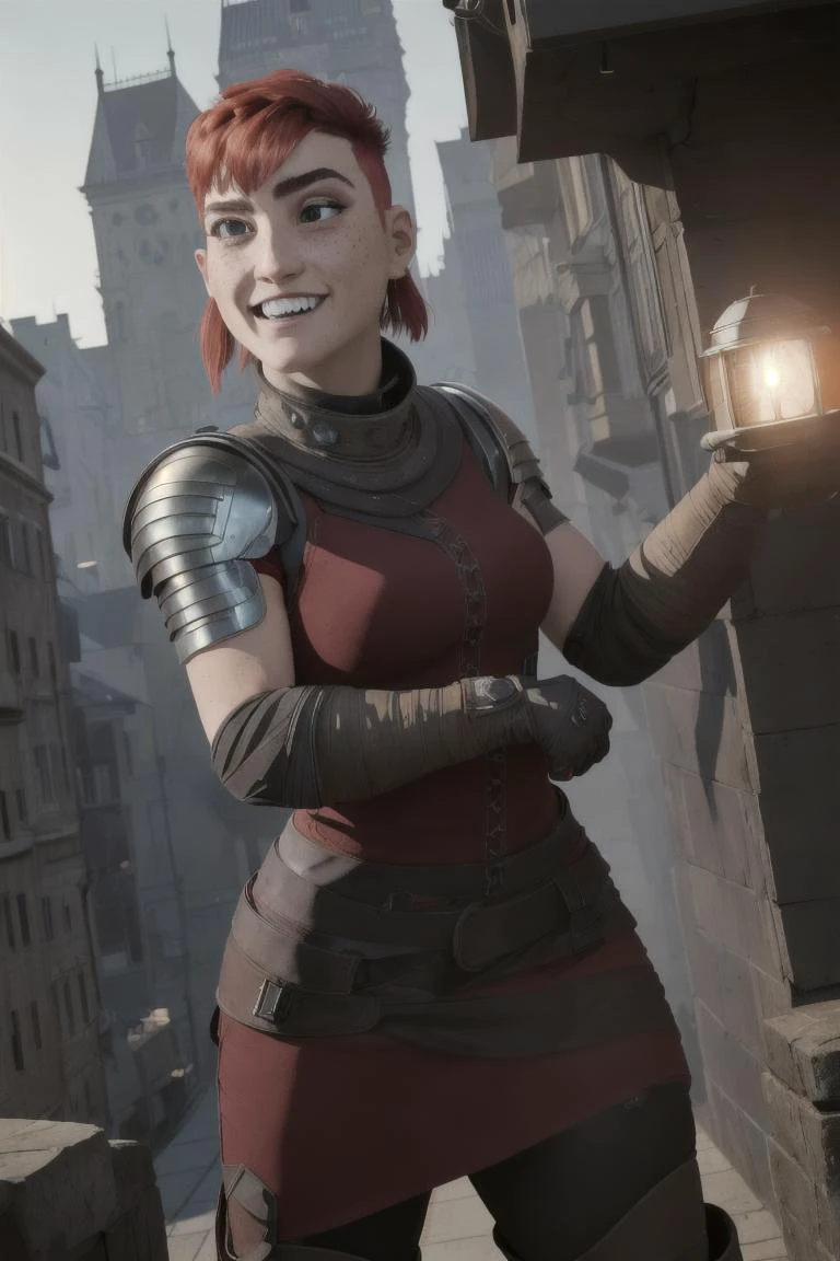 Hyperrealistic, Masterpiece, Volumetric Lighting, Subsurface Scattering, volumetric lighting, tonemapping, sharp focus, Photorealistic, anime style, volumetric lighting, best quality, intricate details, tonemapping, sharp focus, hyper detailed, absurdres, highres, extremely fine full body professional photograph of Nimona, short red hair, freckles, sidelocks,black eyes, evil grin:1.2, red wings on upper back:1.2, NimSuit, ear piercing,armor,bandages,gloves ,dress,brown footwear, extremely detailed face:0.9, extremely detailed sharp teeth:1.2, extremely detailed lips:0.9, extremely detailed eyes:0.9, extremely detailed body:0.9, solo:1.2, (black eyes:1.2), extremely detailed arms:0.9, extremely detailed hands:1.5, extremely detailed firm round ass:0.9, extremely detailed legs:0.9, extremely detailed feet:0.9, extremely detailed firm breasts:0.9, high quality photography, Canon EOS R3, highly detailed, front view:1.2, facing towards viewer:1.2, standing, outdoors:1.2, dystopian, gothic and cyberpunk city:1.2, city square, night,night time:1.4, otherworldly ethereal sky:1.5, "moon looks like a skull", <lora:Nimona-10 v3:0.8> <lora:hipoly_3dcg_v7-epoch-000012:0.2>,