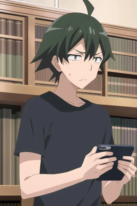 hikigaya hachiman s1, 1boy, solo, male focus,  green hair, black eyes, sanpaku, ahoge, holding smartphone, sweatdrop, upper body, library, bookshelf, indoors, t-shirt,