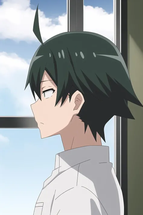 hikigaya hachiman s1, 1boy, solo, male focus, green hair, black eyes, ahoge, white shirt,  window, sky, cloud, day, anime coloring, profile