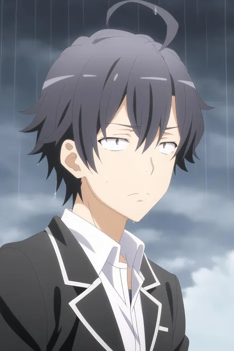 hikigaya hachiman s2, 1boy, solo, male focus,  black hair,  black eyes, sanpaku, ahoge, school uniform, white shirt, black  jacket, night, night sky, starry sky, cloud, rain, wet, upper body