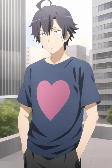hikigaya hachiman s2, 1boy, solo, male focus, black hair, black eyes, sanpaku, ahoge, t-shirt, heart, pants, clothes writing, hand in pocket, standing, cityscape