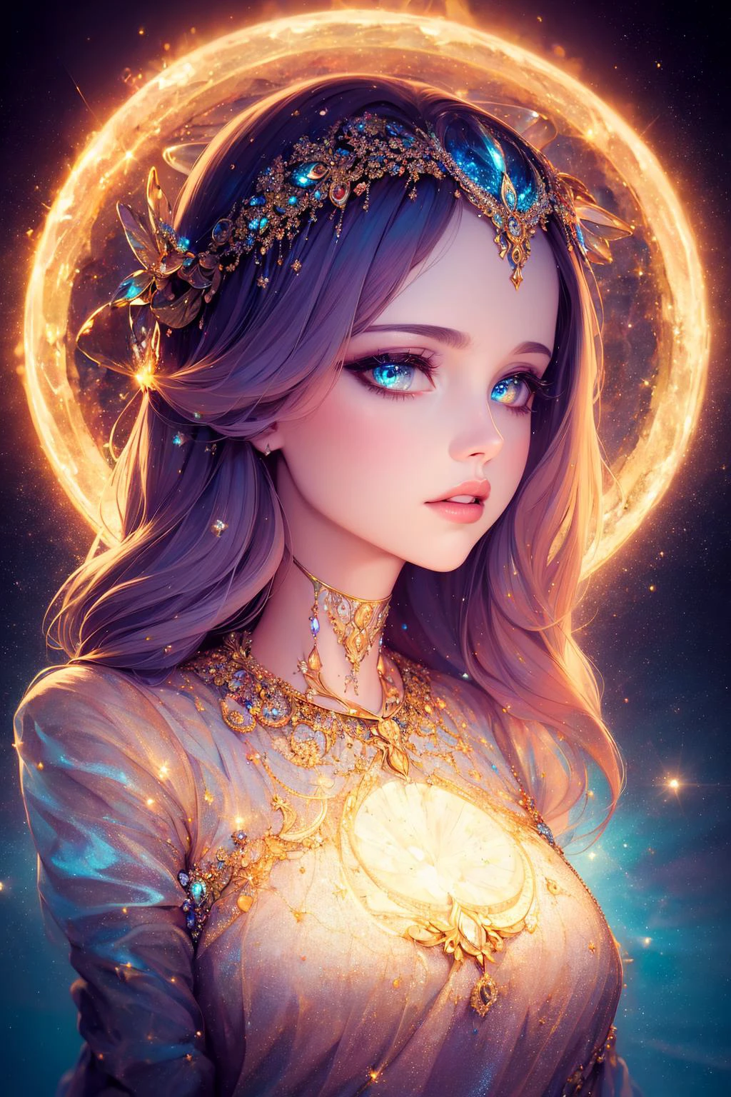 ((best quality)), ((masterpiece)), ((realistic)), portrait,
1girl, celestial, deity, goddess, light particles, halo, looking at viewer,
(bioluminescent:0.95) ocean, bioluminescent, vibrant, colourful, color, (glowing, glow),
(beautiful composition), cinematic lighting, intricate, (symmetrical:0.5), whimsical,
<lora:ButterflyX_v26:0.85>