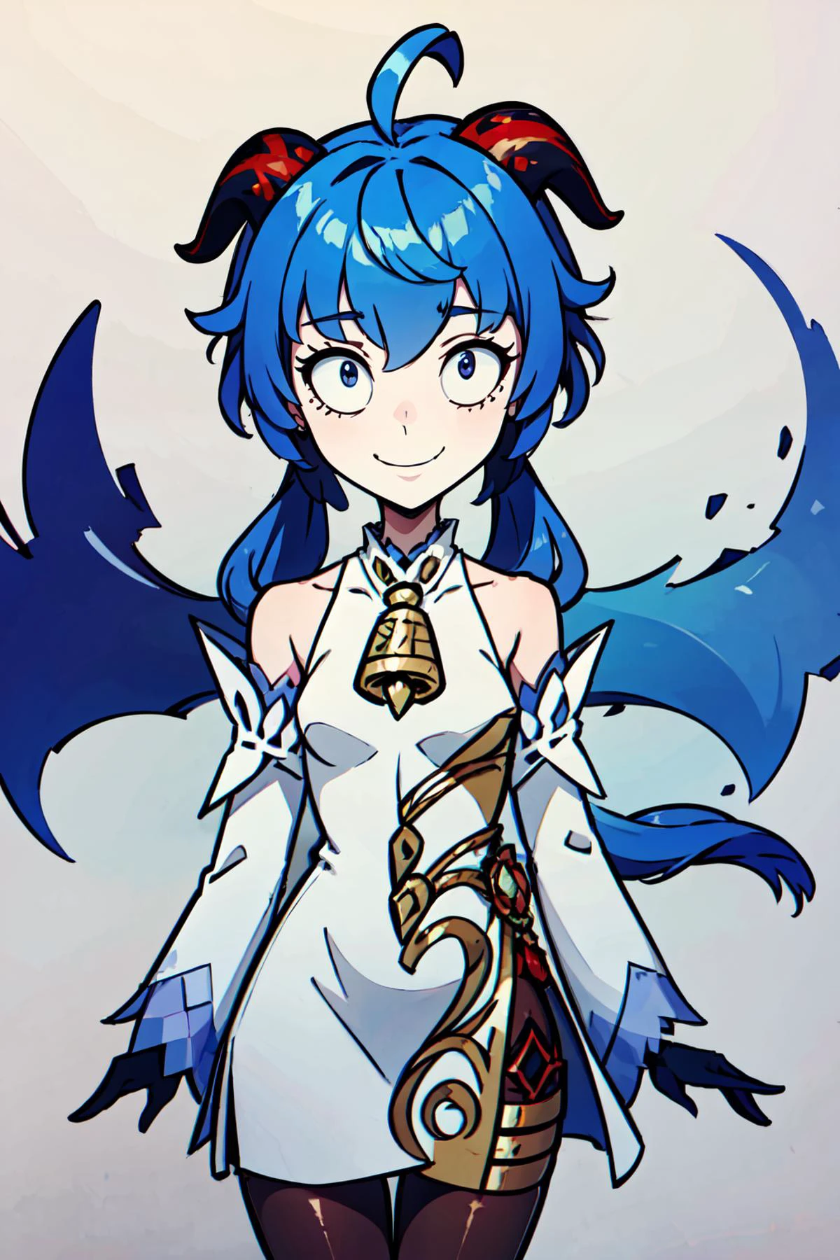 ((masterpiece,best quality)), absurdres, <lora:Creepy_v2:0.8>, BREAK, , BREAK, <lora:ganyu_v1:0.7>, aaganyu, blue hair, long hair, low ponytail, ahoge, horns, bare shoulders, neck bell, bodystocking, white dress, gold trim, flower knot, detached sleeves, black gloves, pelvic curtain, thighlet, pantyhose,, BREAK, solo, smile, looking at viewer, cowboy shot,