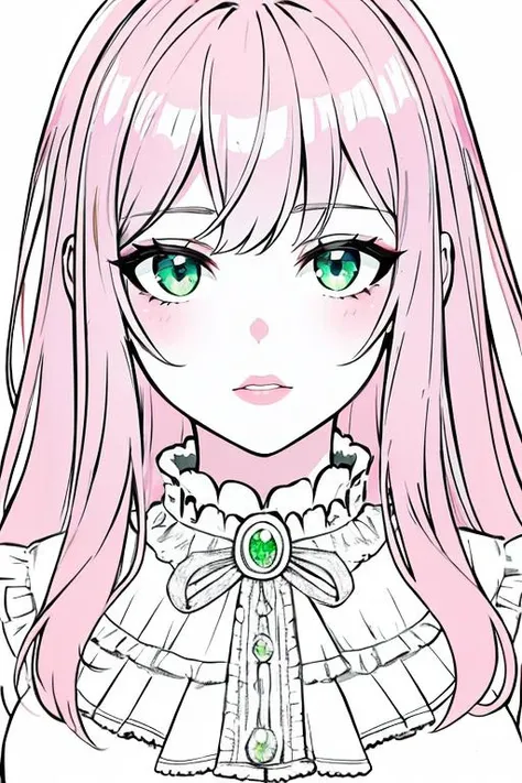 masterpiece, best quality, 1girl, pink_hair, green_eyes, lineart,