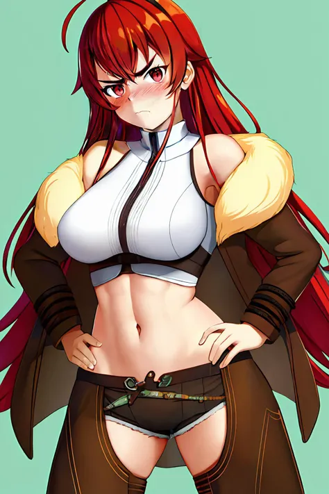 best quality, highres, absurdres, ultra-detailed, <lora:ErisV14:1>, Adult_Eris, 1girl, red_hair, solo, long_hair, breasts, large_breasts, red_eyes, brown_chaps, brown_shorts, navel, hairband, brown_coat_white_fur, midriff, hand_on_hip, inner_thighs, annoyed, tsundere, glaring