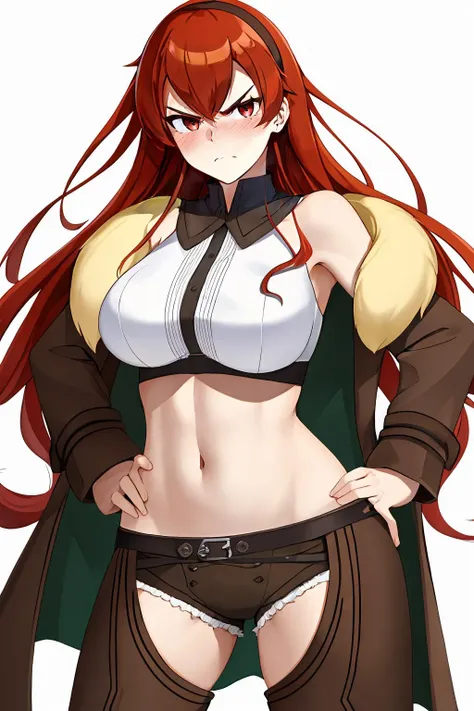 best quality, highres, absurdres, ultra-detailed, <lora:ErisV14:1>, Adult_Eris, 1girl, red_hair, solo, long_hair, breasts, large_breasts, red_eyes, brown_chaps, brown_shorts, navel, hairband, brown_coat_white_fur, midriff, hand_on_hip, inner_thighs, annoyed, tsundere, glaring