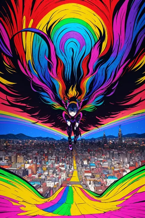 beautiful and detailed illustration,pop art,masterpiece, best quality, ultra-detailed,soft lighting,<lyco:GoodHands-beta2:0.8>, <lora:add_detail:0.3> , (colorful, vivid color:1.4), 1girl, rainbow, sky, smagnificent panorama view,glossy eyes,cinematic shot,vibrant colors,gorgeous colors,dynamic action pose,