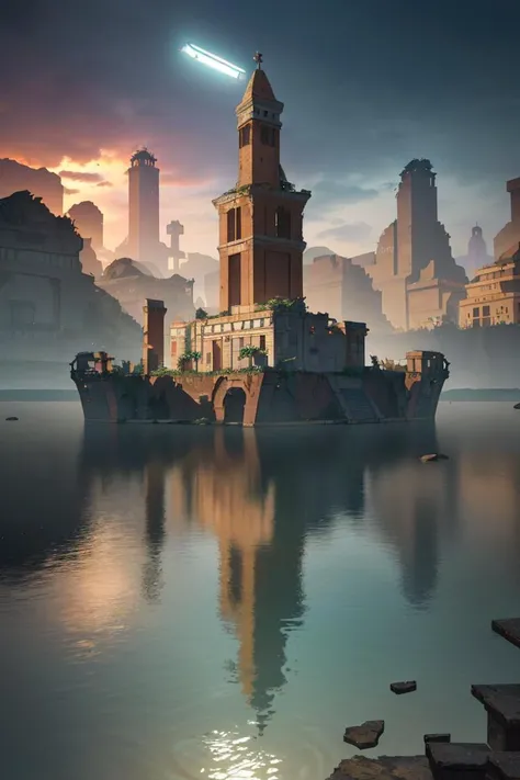 (8k, RAW photo, best quality, masterpiece:1.2), (realistic, photo-realistic:1.37), octane render, ultra high res, ultra-detailed , professional lighting, photon mapping, radiosity, physically-based rendering, ue5, ((island sanctuary)), ((ancient fallen kingdom)), ((reflections in water)), ((raytracing)), ((drowned city)), (depth of field)