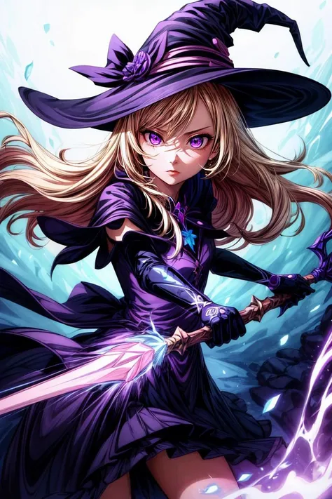 Cowboy Shot,beautiful and detailed illustration,pop art,masterpiece,best quality,ultra-detailed,soft lighting,<lyco:GoodHands-beta2:0.8>,<lora:add_detail:0.3>,1girl, witch, blonde hair, wielding a purple staff blasting purple energy, purple effects,light pink eyes,glossy eyes,cinematic shot,vibrant colors,gorgeous colors,dynamic action pose,<lora:more_details:0.5>, <lora:add_detail:0.5>