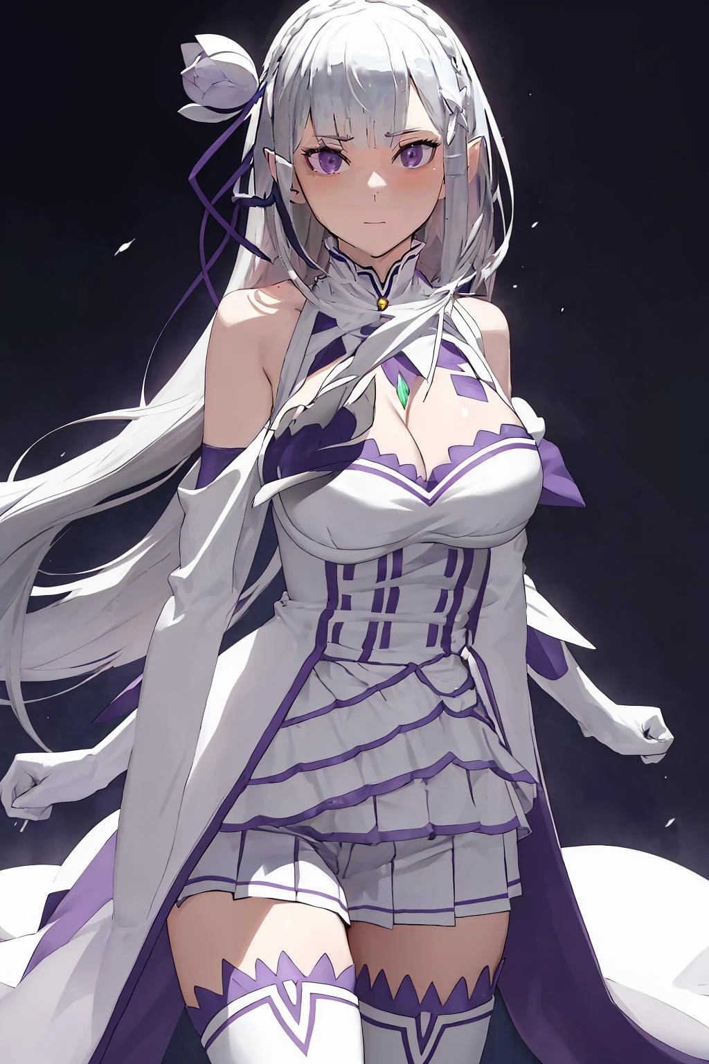 best quality, highres, ultra-detailed, Emilia, grey_hair, upper_body, lower_body, standing, large_breasts, cleavage, very_long_hair, white_thigh_boots, <lyco:EmiliaV32-000080:1.0>