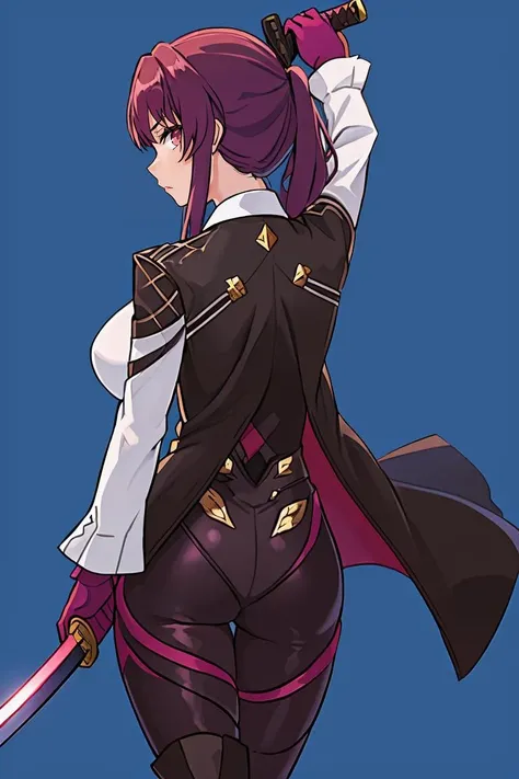 masterpiece, best quality, <lora:KafkaV1 - Bloodsplash-000080:0.9>, Kafka, 1girl, ass, solo, weapon, sword, holding weapon, breasts, holding, holding sword, gloves, blue background, large breasts, looking at viewer, from behind, ponytail, long hair, jacket, katana, simple background, bodysuit, arm up, back,