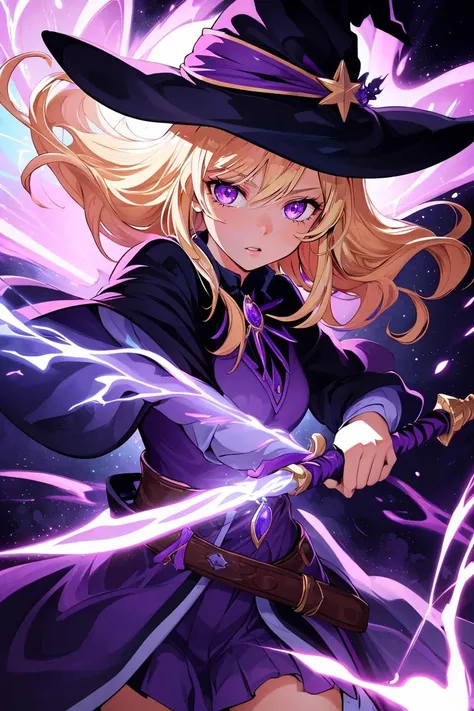 masterpiece, best quality, ultra-detailed, illustration, 1girl, witch hat, purple eyes, blonde hair, wielding a purple staff blasting purple energy, purple beam, purple effects, dragons, chaos