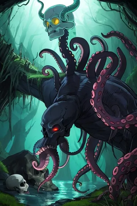 zrpgstyle, from_side from_below dark swamp eldritch monster (skull face:1.2) creature with (octopus tentacles:1.2) rising out of the water moss slime vines churning water fireflies midnight moonlight backlight (masterpiece:1.2) (best quality) (detailed) (intricate) (8k) (HDR) (wallpaper) (cinematic lighting) (sharp focus)