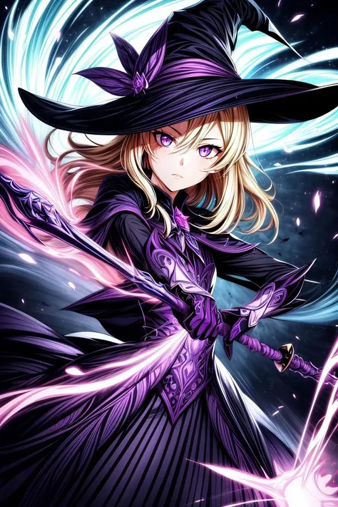 Cowboy Shot,beautiful and detailed illustration,pop art,masterpiece,best quality,ultra-detailed,soft lighting,<lyco:GoodHands-beta2:0.8>,<lora:add_detail:0.3>,1girl, witch, blonde hair, wielding a purple staff blasting purple energy, purple effects,light pink eyes,glossy eyes,cinematic shot,vibrant colors,gorgeous colors,dynamic action pose,<lora:more_details:0.5>, <lora:add_detail:0.5>