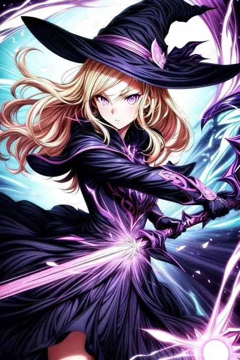 lineart, Cowboy Shot,beautiful and detailed illustration,pop art,masterpiece,best quality,ultra-detailed,soft lighting,<lyco:GoodHands-beta2:0.8>,<lora:add_detail:0.3>,1girl, witch, blonde hair, wielding a purple staff blasting purple energy, purple effects,light pink eyes,glossy eyes,cinematic shot,vibrant colors,gorgeous colors,dynamic action pose,<lora:more_details:0.5>, <lora:add_detail:0.5>