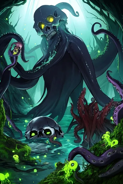 from_side from_below dark swamp eldritch monster (skull face:1.2) creature with (octopus tentacles:1.2) rising out of the water moss slime vines churning water fireflies midnight moonlight backlight (masterpiece:1.2) (best quality) (detailed) (intricate) (8k) (HDR) (wallpaper) (cinematic lighting) (sharp focus), lineart