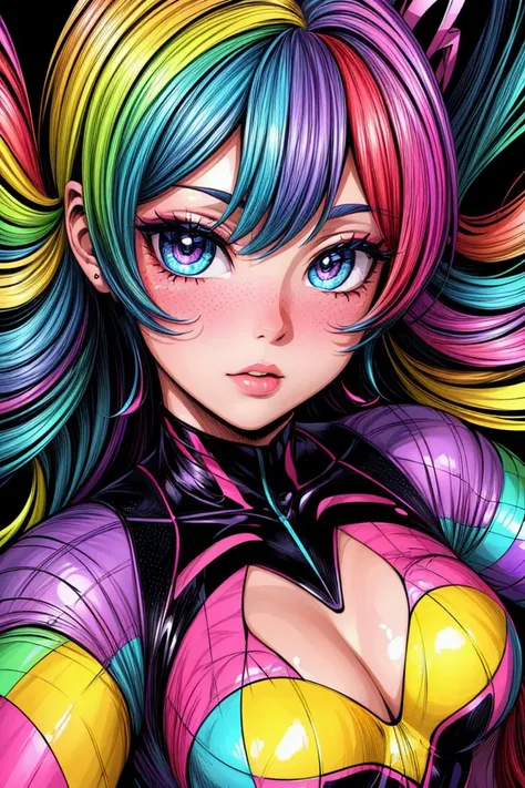 beautiful and detailed illustration,pop art,masterpiece, best quality, ultra-detailed,soft lighting,<lyco:GoodHands-beta2:0.8>, <lora:add_detail:0.3> , (colorful, vivid color:1.4), 1girl, rainbow, sky, smagnificent panorama view,glossy eyes,cinematic shot,vibrant colors,gorgeous colors,dynamic action pose, <lora:more_details:0.5>, <lora:add_detail:0.5>