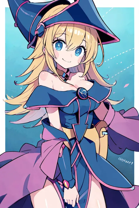 ((masterpiece,best quality)), absurdres, <lora:Chon33v_Style:0.8>, BREAK, , BREAK, <lora:dark_magician_girl_v1:0.7>, hmdmg1, blonde hair, wizard hat, blush, blush stickers, cleavage, bare shoulders, dress, off shoulder,, BREAK, solo, smile, looking at viewer, cowboy shot,