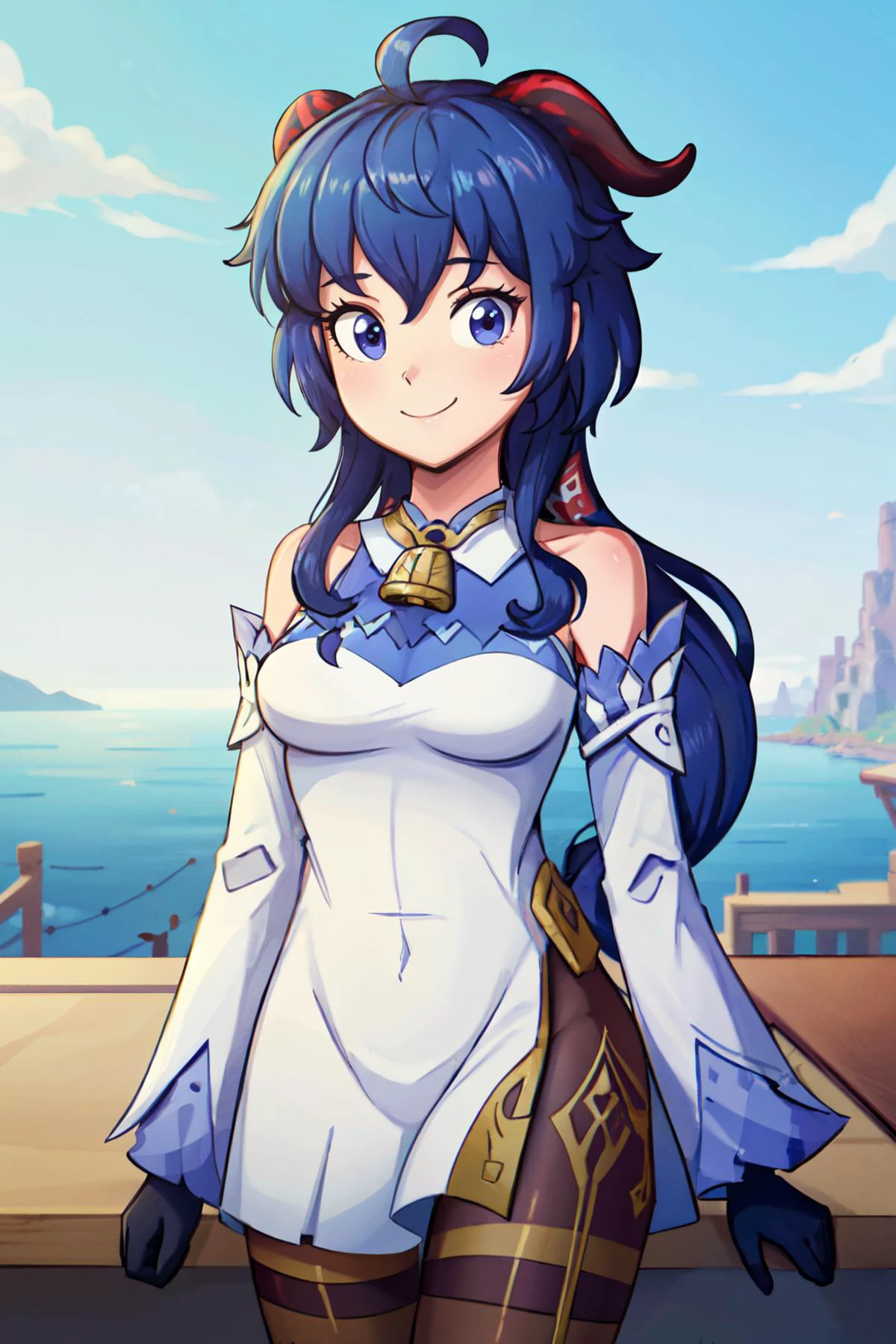 ((masterpiece,best quality)), absurdres, <lora:theButcherX:0.8>, BREAK, , BREAK, <lora:ganyu_v1:0.7>, aaganyu, blue hair, long hair, low ponytail, ahoge, horns, bare shoulders, neck bell, bodystocking, white dress, gold trim, flower knot, detached sleeves, black gloves, pelvic curtain, thighlet, pantyhose,, BREAK, solo, smile, looking at viewer, cowboy shot,