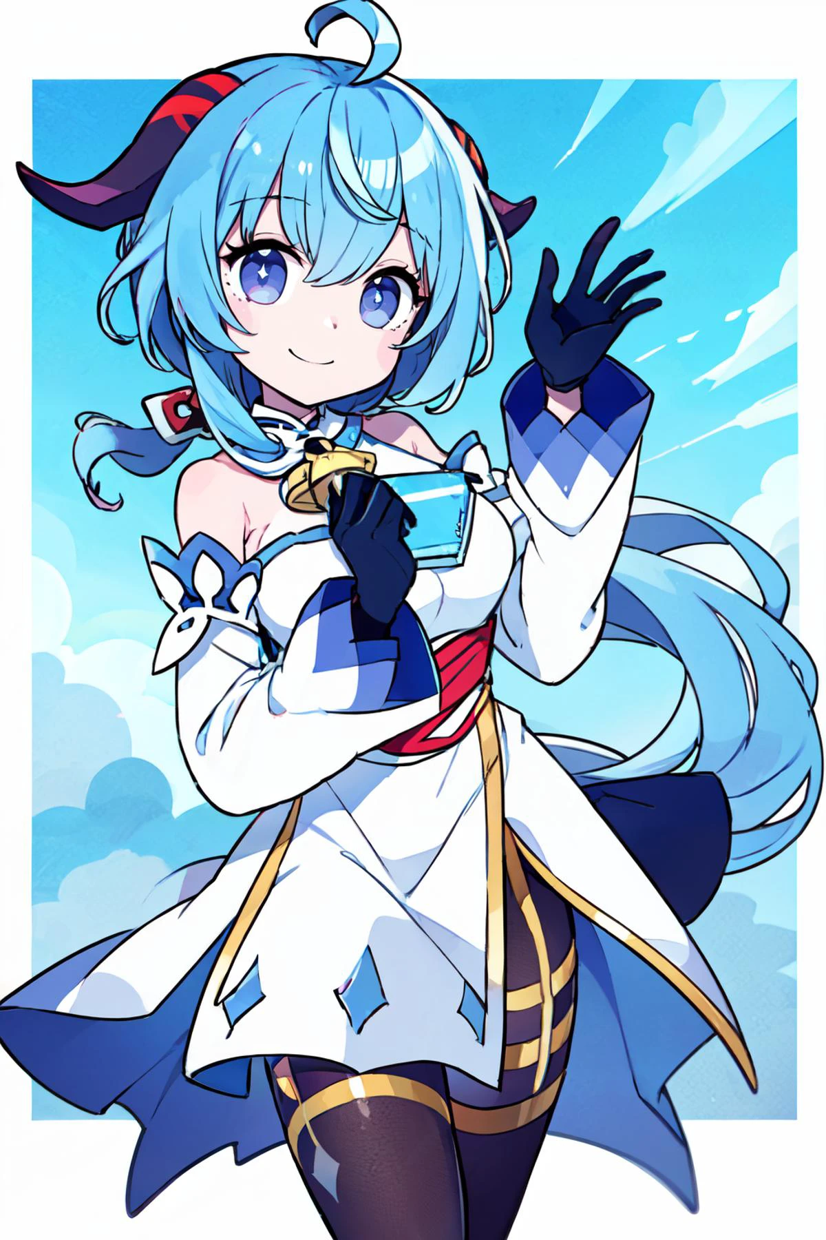 ((masterpiece,best quality)), absurdres, <lora:Chon33v_Style:0.8>, BREAK, , BREAK, <lora:ganyu_v1:0.7>, aaganyu, blue hair, long hair, low ponytail, ahoge, horns, bare shoulders, neck bell, bodystocking, white dress, gold trim, flower knot, detached sleeves, black gloves, pelvic curtain, thighlet, pantyhose,, BREAK, solo, smile, looking at viewer, cowboy shot,