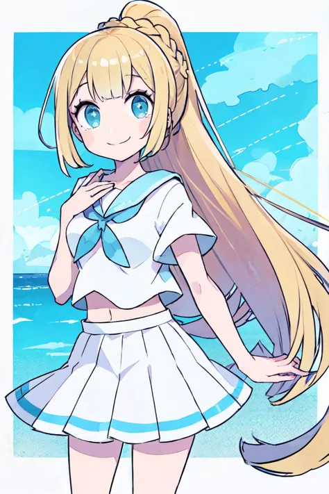 ((masterpiece,best quality)), absurdres, <lora:Chon33v_Style:0.8>, BREAK, , BREAK, <lora:LilliePokemon_SD:0.8>, zzlillie, long hair, ponytail, French braid, white shirt, short sleeves, white skirt, pleated skirt,, BREAK, solo, smile, looking at viewer, cowboy shot,
