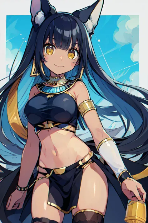 ((masterpiece,best quality)), absurdres,  <lora:Chon33v_Style:0.8>, BREAK, , BREAK, <lora:Anubis_Citron_OC_Anime:1>, Anubis_Citron_OC, (dark skin), black hair, yellow eyes, pelvic curtain, crop top, thighhighs,, BREAK, solo, smile, looking at viewer, cowboy shot,