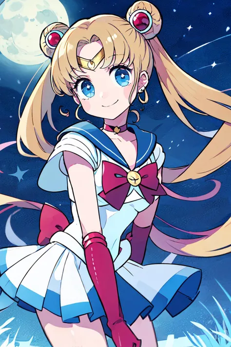 ((masterpiece,best quality)), absurdres, <lora:Chon33v_Style:0.8>, BREAK, , BREAK, <lora:sailor_moon_v1:0.7>, 1girl, blonde hair, aausagi, double bun, twintails, parted bangs, circlet, jewelry, earrings, choker, red bow, white gloves, elbow gloves, blue skirt, night, outdoors, moon,, BREAK, solo, smile, looking at viewer, cowboy shot,