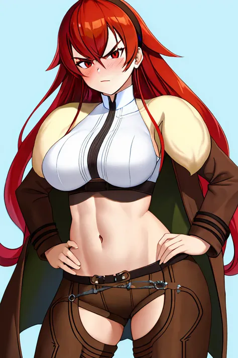 best quality, highres, absurdres, ultra-detailed, <lora:ErisV14:1>, Adult_Eris, 1girl, red_hair, solo, long_hair, breasts, large_breasts, red_eyes, brown_chaps, brown_shorts, navel, hairband, brown_coat_white_fur, midriff, hand_on_hip, inner_thighs, annoyed, tsundere, glaring